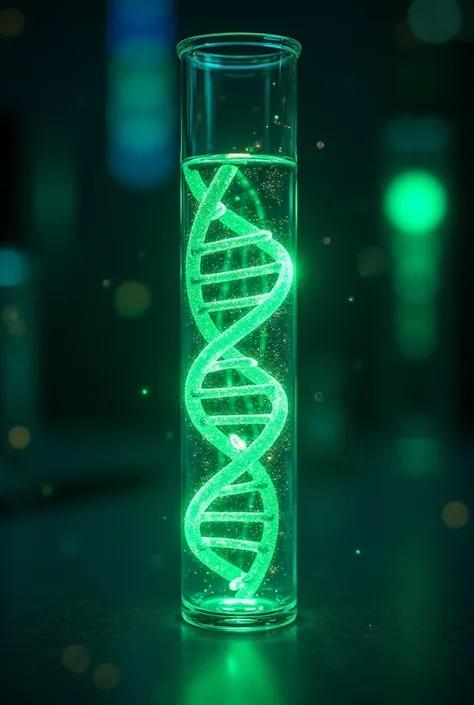 A closeup of a test tube holding a glowing green double dna helic, scientific, iridescent glowing with particles, dark neon lighting,  backlit