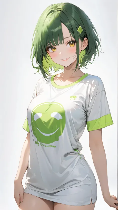 full body display ,semi realistic, Masterpiece, Master work, perfect , 4k, 1girl, young girl, mature body, medium size breast, short hair, middle parted hair style, showing forehead, wearing headband, neon green colored hair, yellow eyes, happy expression ...