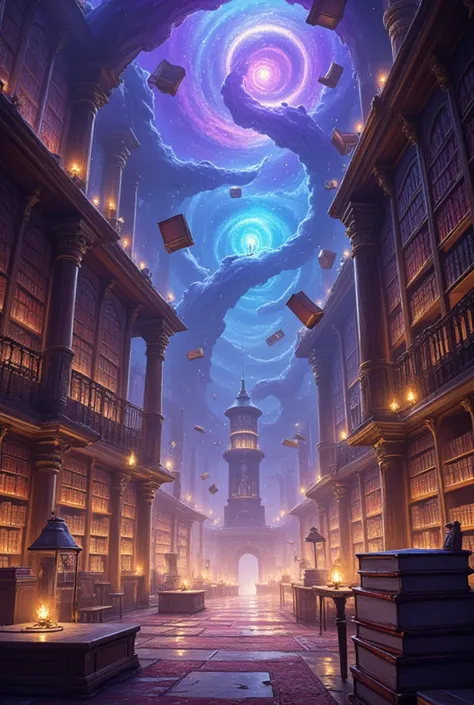 A magical illustration within a Time-Warped Library, with Floating Books and Shifting Timelines, glowing in mystical shades of COLOR