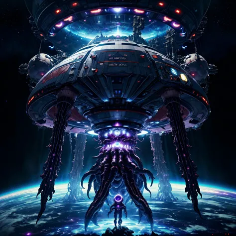 A space station corrupted by lovecraft creatures approaching earth, ((ultra quality)), anime enhancement, ((8k resolution, masterpiece, best quality)), ultra detailed, ultra sharp, perfect colors, perfectly shaded, perfect lighting