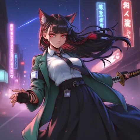 masterpiece, best quality, looking at viewer, expressionless, hsmyb, fox ears, red eyes, white pupils, bright pupils, black hair, long hair, blung bangs, sidelocks, half up braid, medium breasts, green jacket, chest strap, id card, collared shirt, white sh...