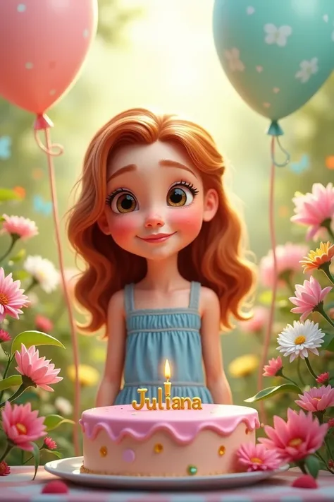  Create an image of a  girl with wavy reddish hair ,  with white skin and some freckles on her cheekbones and nose , wearing a beautiful blue dress ,  she has light brown eyes and a pretty smile ,  she is happy its her birthday , It is located in a garden ...