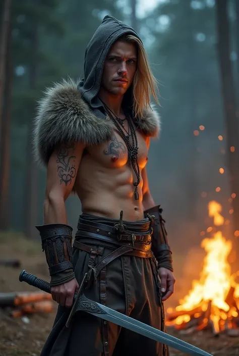 A blonde and young shirtless warrior with blue eyes many scars stands before a campfire wearing a wolfs pelt as a hood. In one hand, he wields an ancient sword and, in his other hand, is a long knife.