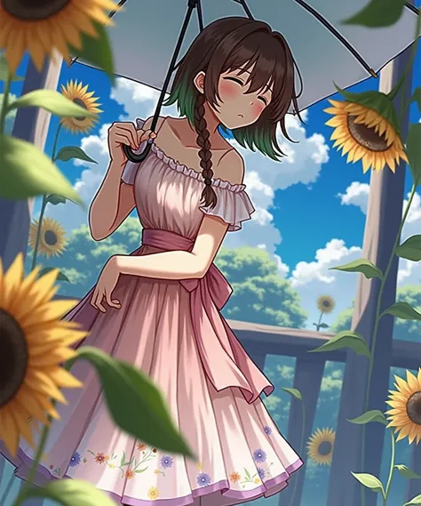  Anime girl with her eyes closed ,  With braided brown and green brown hair and a cottagecore style dress、 Holding an umbrella in a sunflower field mha oc  