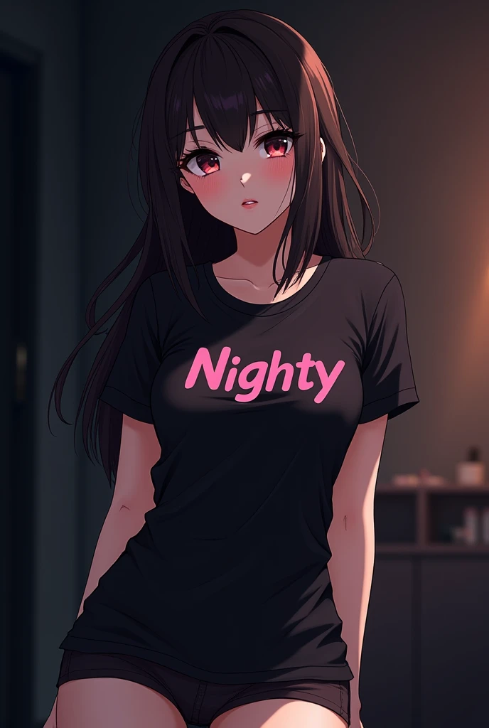 An anime girl  with big breasts and wearing a t-shirt and the logo is Nighty and colour is dark and make it tight