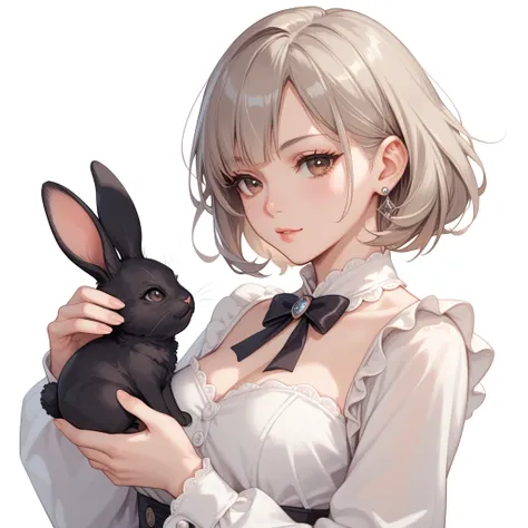 1girl, lola, girl, small stature, with brown shoulder-length hair, with brown eyes with long lower eyelashes, light eyelashes, with an emotionless expression, in a pale white dress, with long sleeves, white background, holding a large black rabbit in her h...