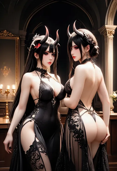 Demons women coming out of a dark well of the Earth bodies Athletic big breasts big buttocks long black hair black eyes black likra costume black makeup 