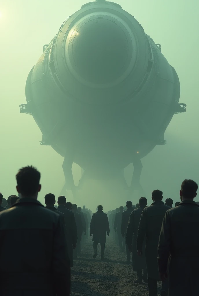 Sombre  postapocalyptic concept cinema still of a vast spaceaft  thousands of men line up on a gantry waiting to board a monolithic spacecraft   , male figures in silhouette , hazy and depressing 