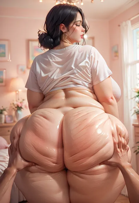 super big ass, waifu, pov hands, ass grabbed, black hair, face showing, no clothes, skindentation , hourglass body, saggy belly, belly overhang, hyper breasts, stretch marks, cellulite, wide hips, bubble butt, post pregnancy belly, thick thighs, (cellulite...