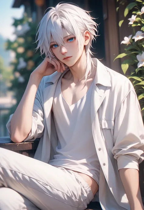  top quality,    very detailed ,   1 person,  White Hair ,  Blue Eyes ,    Cowboy Shots,   soft touch, Blurred, The Colors of Mt. Fuji,  Gentle colors,    bangs between eyes  ,    white jacket ,   white tank top ,   white pants,   sitting, 