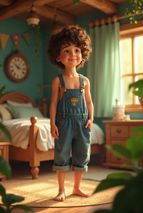 A teenage boy wearing Osh Kosh BGosh overalls. Logo on front pocket. In a large treehouse bedroom with branches. Barefoot. Shirtless. Curly hair. He seems happy because he has made a lot of progress.