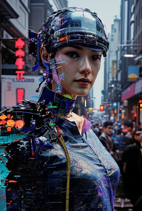 a girl, fragmented and reconstructed within a Cyberpunk Glitchscape. Use vibrant COLOR for the glitching pixels and a contrasting COLOR for the solid forms. Add a sense of urban decay and technological distortion