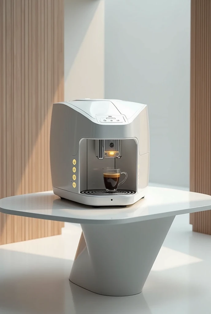 mechwhite,a futurism coffee machine on table is making coffecoffe