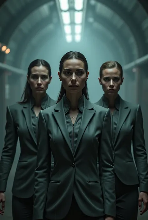 Sombre   concept cinema still of  three women , middle aged, severe suits n a blade runner interior   futuristic grey suits, hazy and depressing 