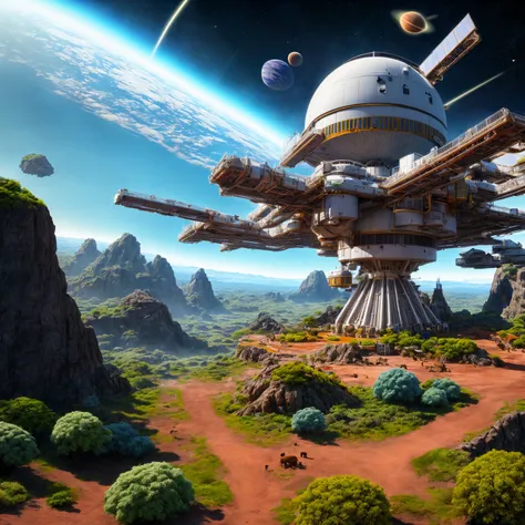 A terraforming space station perched on a plain, planet with very colorful and vibrant plants and animals, ((ultra quality)), anime enhancement, ((8k resolution, masterpiece, best quality)), ultra detailed, ultra sharp, perfect colors, perfectly shaded, pe...