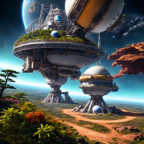 A terraforming space station perched on a plain, planet with very colorful and vibrant plants and animals, ((ultra quality)), anime enhancement, ((8k resolution, masterpiece, best quality)), ultra detailed, ultra sharp, perfect colors, perfectly shaded, pe...