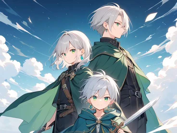 Boys，dark green cape， silver hair， with earrings ，Metal，Metal系魔法师， Magical World，Holding a long sword，Shorter hair 