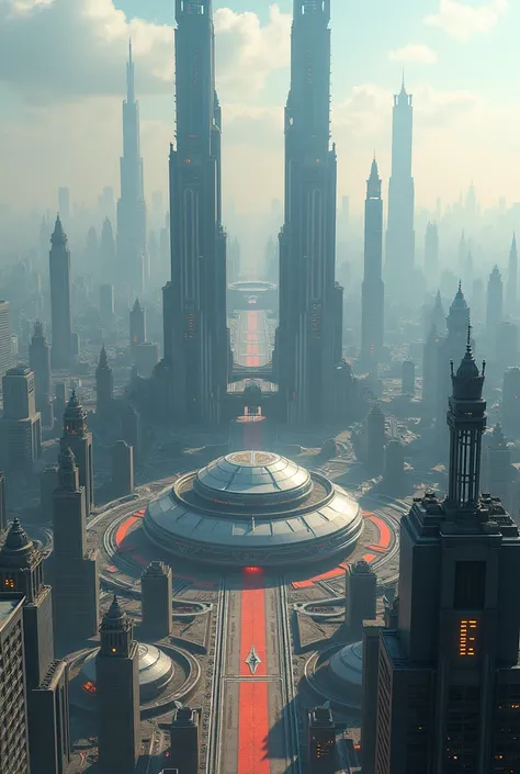 Aerial view of a stunning futuristic city, vast skyscrapers and domed buildings, sci fi concept movie still 