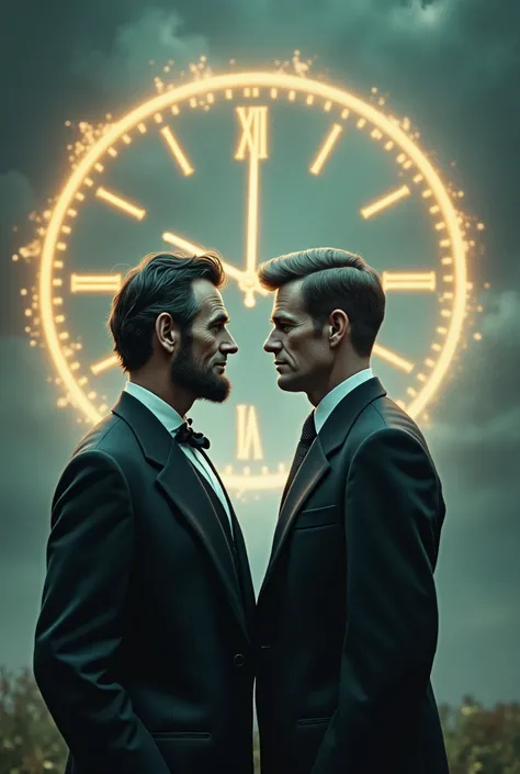  "A surreal image of Abraham Lincoln and John F. Kennedy depicted as twin brothers, connected by a glowing century clock in the background."