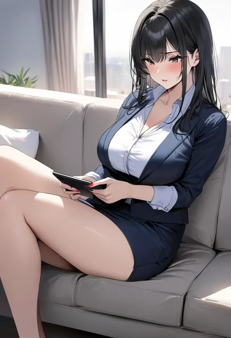 (( top quality)), (( Masterpiece  )), ( Details), ( 1 Anime Girl ),  sexy, ( black hair), Bust 9０Big breasted OL in CM ,  young woman, A dissatisfied office lady, (casual fashion woman),  sitting on the sofa playing with her smartphone