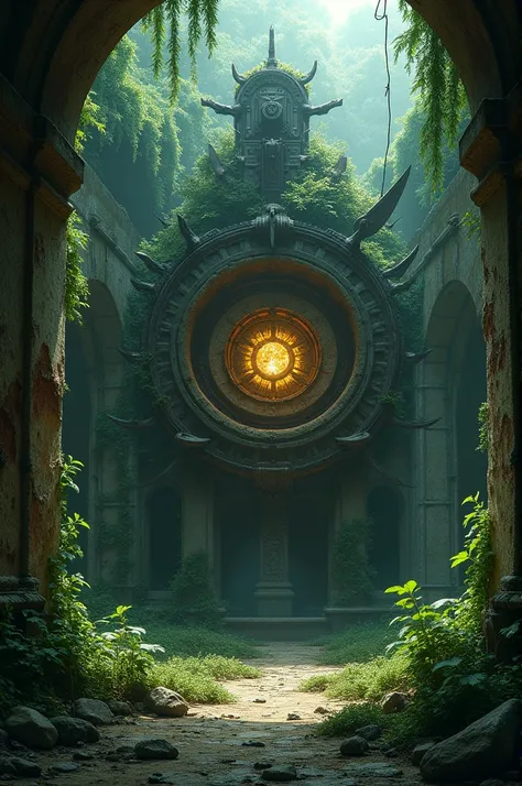 A treacherous trap inside An ancient ruin covered in vines and moss, with a mysterious glowing aura surrounding it featuring spikes, swinging blades, and a faintly glowing puzzle in the center