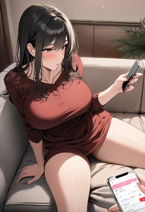 (( top quality)), (( Masterpiece  )), ( Details), ( 1 Anime Girl ),  sexy, ( black hair), Bust 9０CMs Big Breasts Married Woman ,  young woman, A married woman with a dissatisfied expression , ( woman in casual fashion),  sitting on the sofa playing with he...