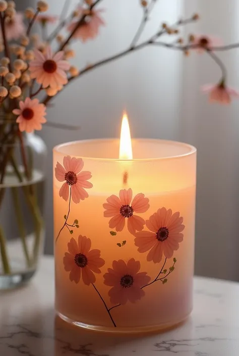 beautiful scented candle with flowers inside, realistic professional product