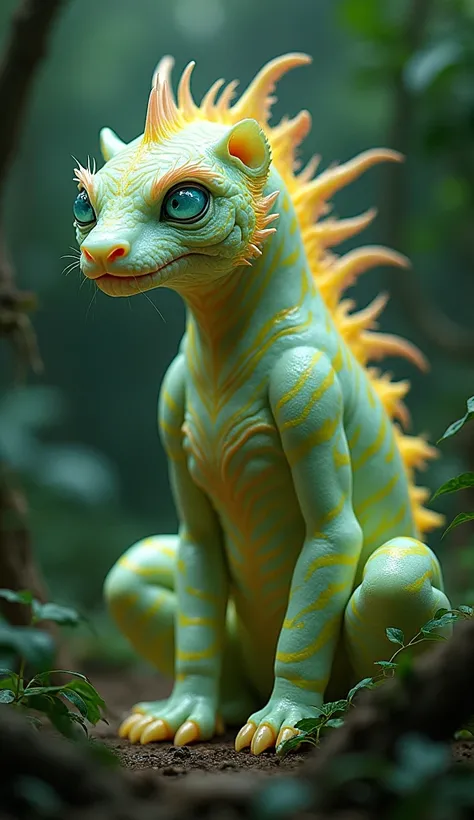 A low angle, six foot tall, translucent, pale green, tiger-like monster with wavy yellow patterns all over its body. Its body is adorned with fish scales and bony growths adorned with glowing fluorescent spikes. It has bulging, soft blue eyes and a webbed ...