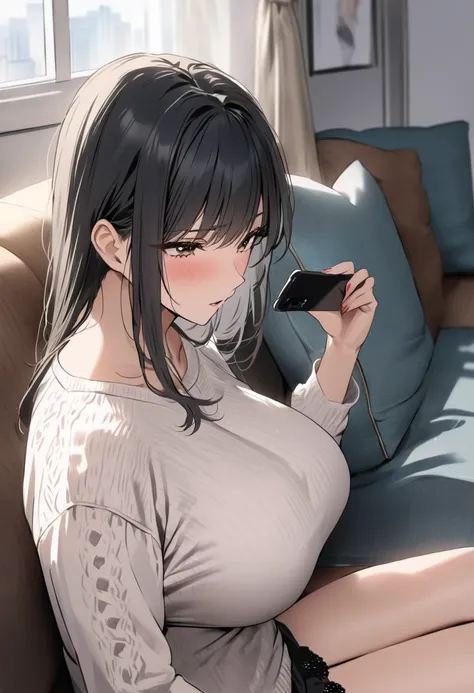 (( top quality)), (( Masterpiece  )), ( Details), ( 1 Anime Girl ),  sexy, ( black hair), Bust 9０CMs Big Breasts Married Woman ,  young woman, A married woman with a dissatisfied expression , ( woman in casual fashion),  sitting on the sofa playing with he...