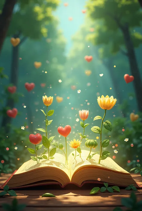 an open book,  NATURE IN THE BACKGROUND COMING OUT OF THE PAGES ELEMENTS LIKE TREES,  HEARTS THAT REPRESENT THE WISDOM THAT COMES FROM GOD , DISNEY PIXAR STYLE WITH VIBRANT COLORS