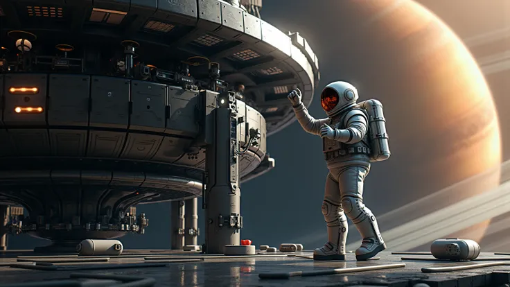 A cinematic shot of a futuristic circular space station orbiting Saturn with an Astronaut in a space suit outside performing maintenance on the station, masterpiece, photorealism