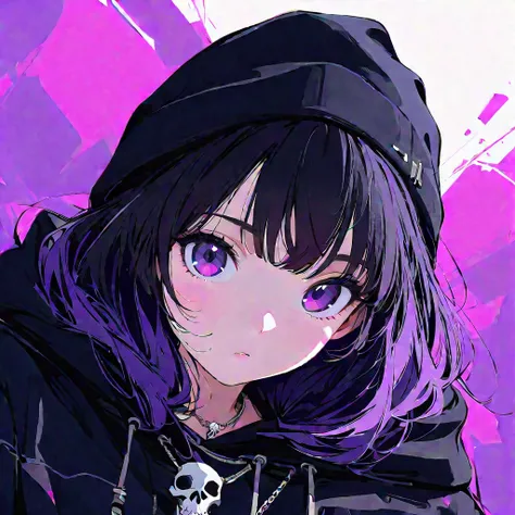 (masterpiece, best quality:1.2), 1 girl, unique, top-down view, skeleton necklace, looking at viewer at an angle, beanie, flat colors, black hair with purple strands, purple eyes