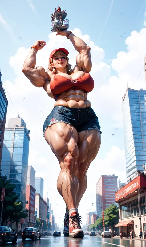 Woman takes experimental growth hormone and is transformed into a towering 70ft tall giantess with long sturdy limbs, chunky upper arms, strong glutes and trapezius muscles, and massive elongated breasts.