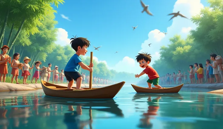 "A lively morning by a calm river in a rural village. The river is surrounded by lush greenery and bamboo groves. Two wooden boats float on the water. The older boy, wearing a blue t-shirt and black shorts, prepares his boat with a calm expression, while t...