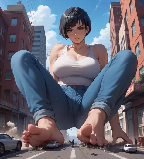 Giantess, shortcut ,  black hair,  Big Breasts ,  destroy a residential area,Destroy with your feet , tank top in front of urinal, blue pants 