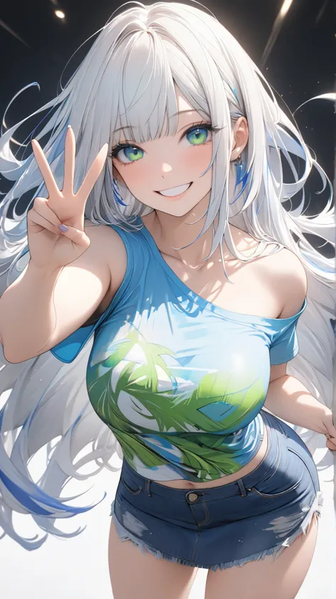 face details,semi realistic, Masterpiece, Master work, perfect , 4k, 1woman, big size breast, straight shoulder-length hair, flat Bangs hair style, white colored hair, (((blue streaks - white hair))), bright green eyes, big smile expression face, wearing s...