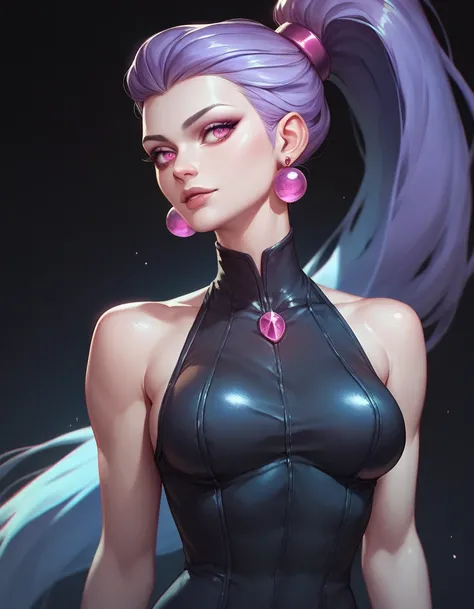 female black sleeveless high neck catsuit, bare shoulders, racerback, bare toned arms, beautiful faces, blue ponytail with showing forehead, long ponytail, earrings, soft smooth skin, pale skin, black background, magenta eyes, sci-fi, evil expression