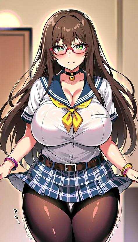 1girl, light green eyes, big eyes, long eyelashes, long hair, multi-colored hair, light brown hair, dark brown hair, side ponytail, black hair ribbon, makeup, female, huge breasts, cleavage, school uniform, sailor uniform, plaid skirt, Micro Mini Skirt, le...