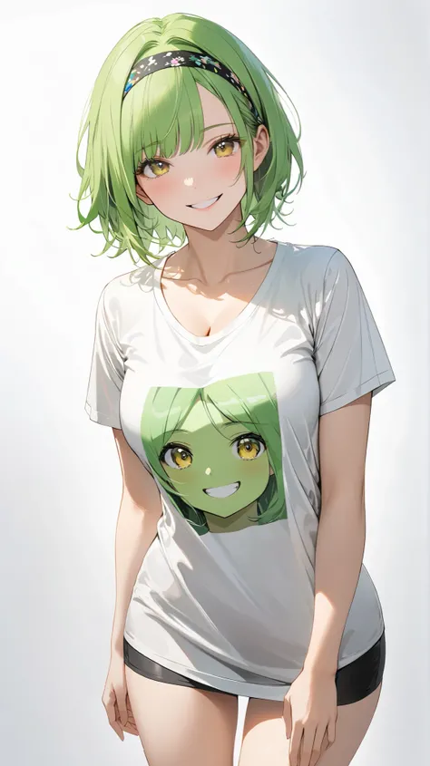 full body display ,semi realistic, Masterpiece, Master work, perfect , 4k, 1girl, young girl, mature body, medium size breast, short hair, middle parted hair style, showing forehead, wearing headband, neon green colored hair, yellow eyes, happy expression ...