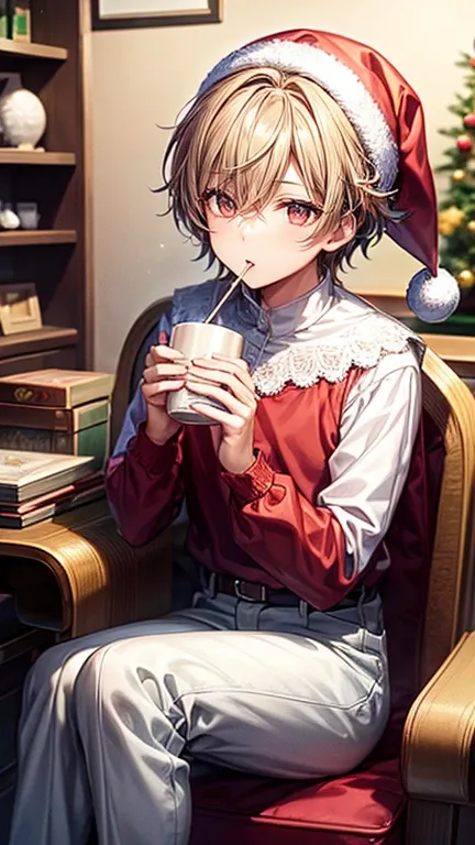  top quality、 highest resolution、 Masterpiece 、Idolish 7、Handsome idol character wearing Santa Claus clothes 、 is drinking hot chocolate with marshmallows、 Christmas