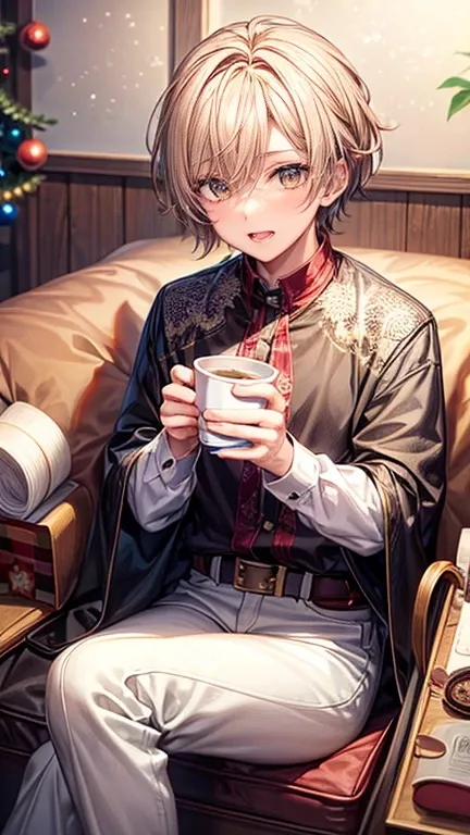  top quality、 highest resolution、 Masterpiece 、Idolish 7、Handsome idol character wearing Santa Claus clothes 、 is drinking hot chocolate with marshmallows、 Christmas