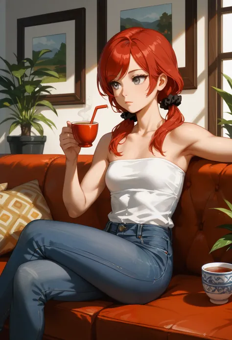 (masterpiece, best quality), solo, 1 expressionless girl, looking to the side, sipping tea, beautiful face,  ((Gray eyes, red hair, swept bangs, low twin tails)), hair scrunchie, ((strapless white sleeveless shirt, jeans)), small breasts, slightly toned ar...