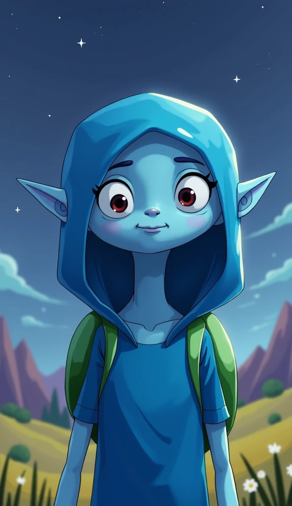 A 2D illustration of a blue alien with a hood, with a landscape in the background, with a starry sky, presenting the appearance of characters from the Cartoon Network Adventure Time animations, with pointy ears.