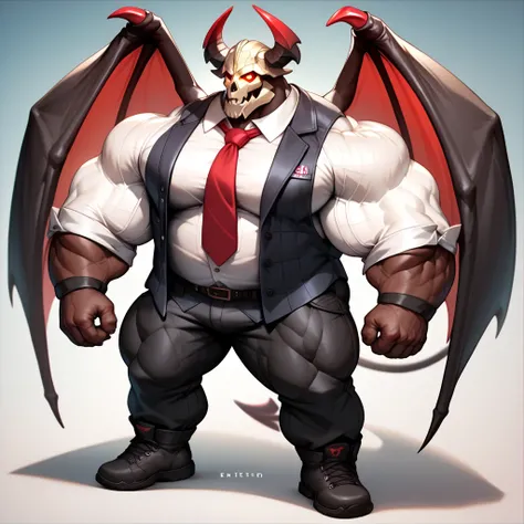 a man with a big giant musclegut tall wide body with big fat belly using black vest suit, white shirt, red tie, black pants, black gloves, and skull helmet which cover all of his face. Full body, standing still, solo, very big, very tall, very wide, very m...