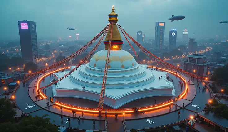 Create a stunning futuristic cyberpunk-style drone view of the iconic Boudhanath Stupa, blending traditional spiritual elements with a vibrant, high-tech urban landscape. Retain the majestic white dome and golden spire adorned with the all-seeing eyes of B...