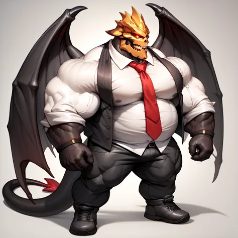 a man with a big giant musclegut tall wide body with big fat belly using black vest suit, white shirt, red tie, black pants, black gloves, and skeleton helmet which cover all of his face. Full body, standing still, solo, very big, very tall, very wide, ver...