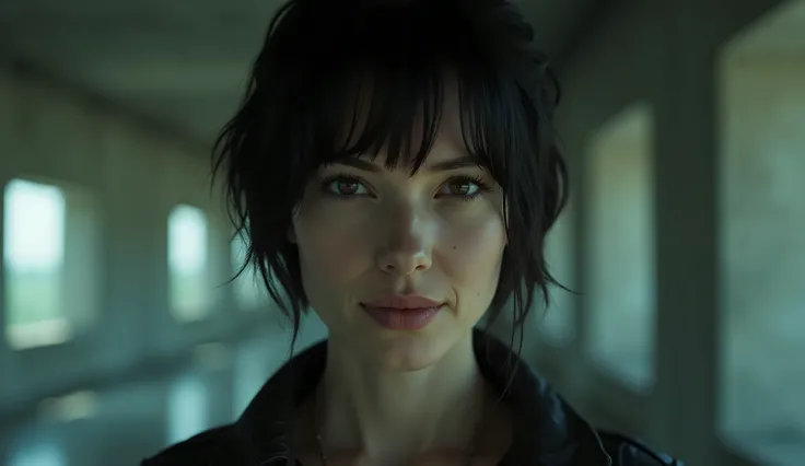 A Blade Runner woman in her mid-30s with short dark hair, pale skin, stands in a blade runner concrete loft. Her face is neutral but with a subtle, unsettling smile. The shadows play across her face, emphasizing her calm. The overall atmosphere is unsettli...