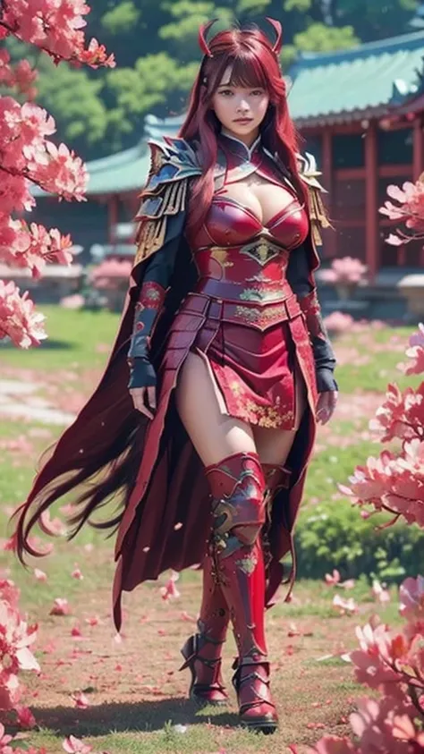 A sexy female character wearing red armor as a warrior from the Warring States period、((realistic))、((Medium long hair))、((Cherry red hair))、((toned body))、(glistening skin)、 tight body、((mega breasts 1.8))、 plump breasts 、 plump thighs 、 The red armor wit...