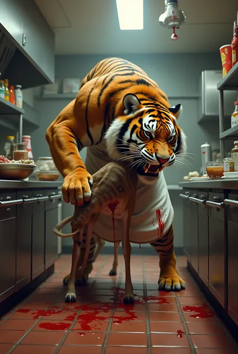 A tiger is cutting Deer in a restaurant kitchen wearing kitchen apron 