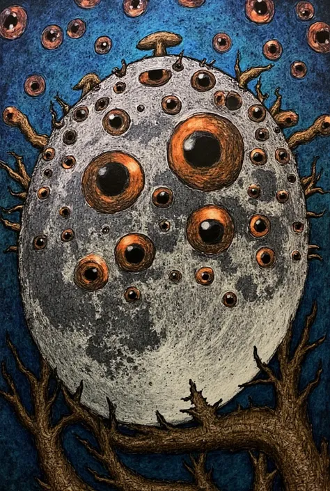 A detailed fantasy drawing of a full moon with many eyes, intricate celestial patterns, and a mystical, dream-like atmosphere, (best quality,4k,8k,highres,masterpiece:1.2),ultra-detailed,(realistic,photorealistic,photo-realistic:1.37),detailed fantasy moon...